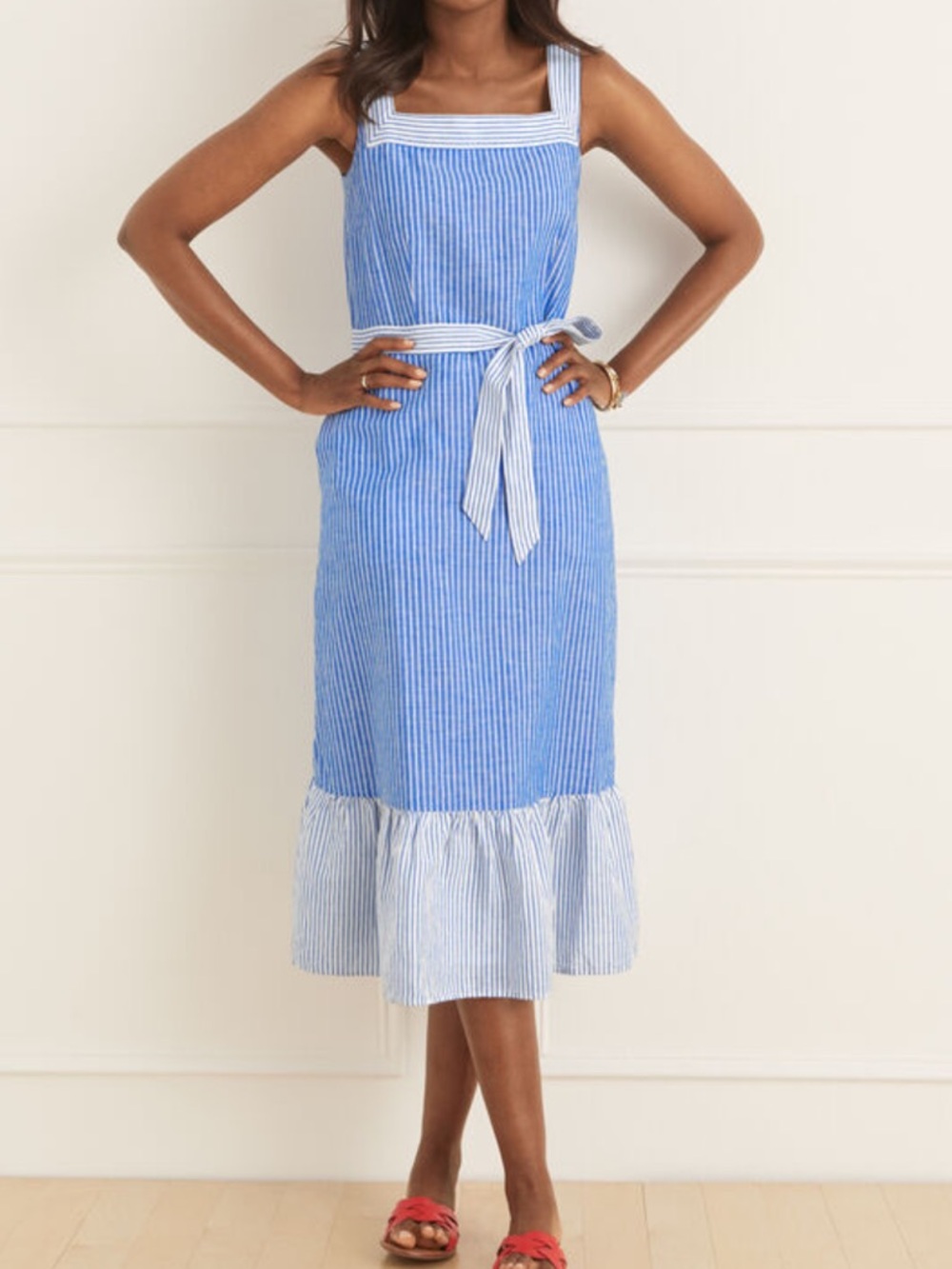 Talbots Striped Linen Blend Tie Waist Dress